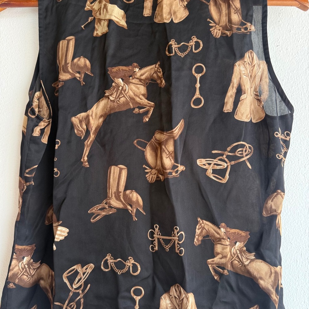 Lauren Ralph Lauren Black Silk Equestrian Horse Print Tie Neck Sleeveless Blouse - Picture 13 of 15